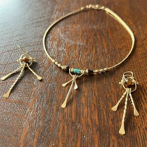 Turquoise,  tigers eye, gold colored, vintage dangle earrings and necklace set.